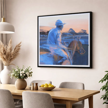 Dawn on the Gallops racing horse wall art displayed in a dining room