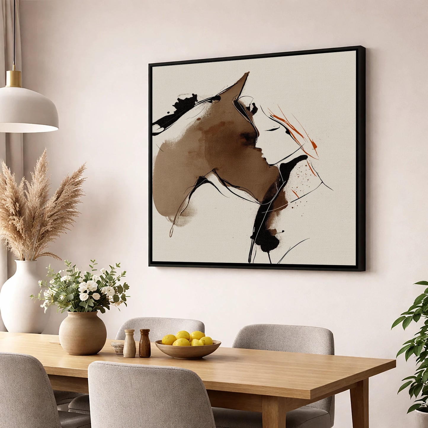 Silent Connection horse & rider wall art displayed in a dining room