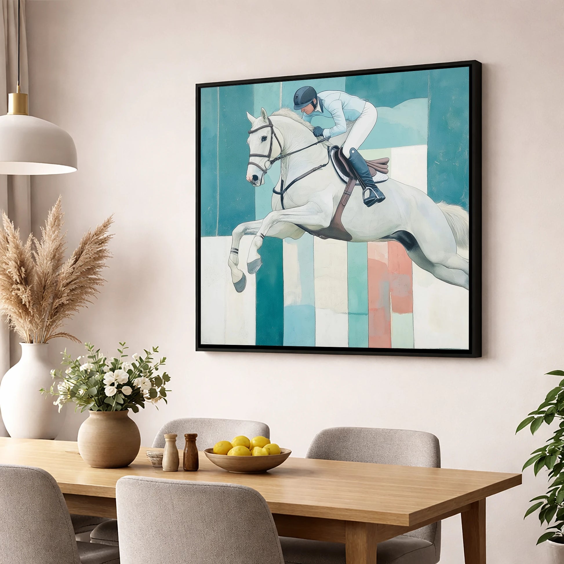 Aquamarine Ascent show jumping horse wall art displayed in a dining room