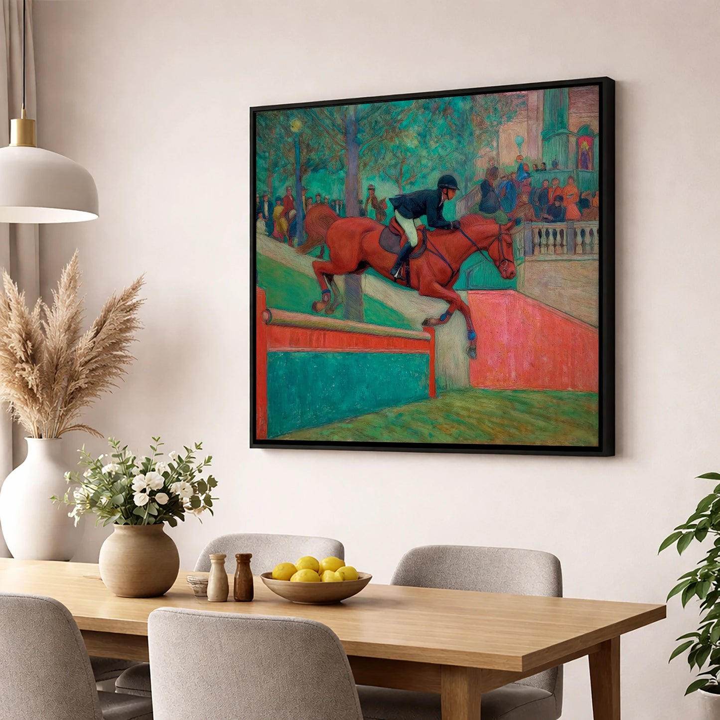 The Emerald Leap show jumping horse wall art displayed in a dining room