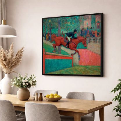 The Emerald Leap show jumping horse wall art displayed in a dining room