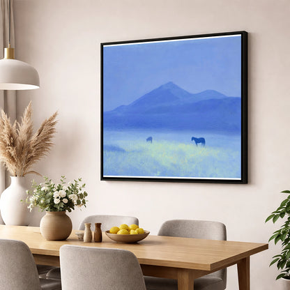 Azure Morning Mist horse landscape wall art displayed in a dining room