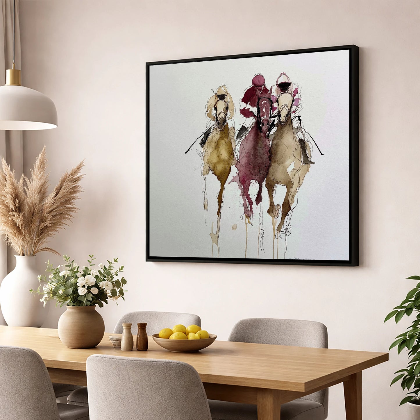 The Final Charge racing horse wall art displayed in a dining room