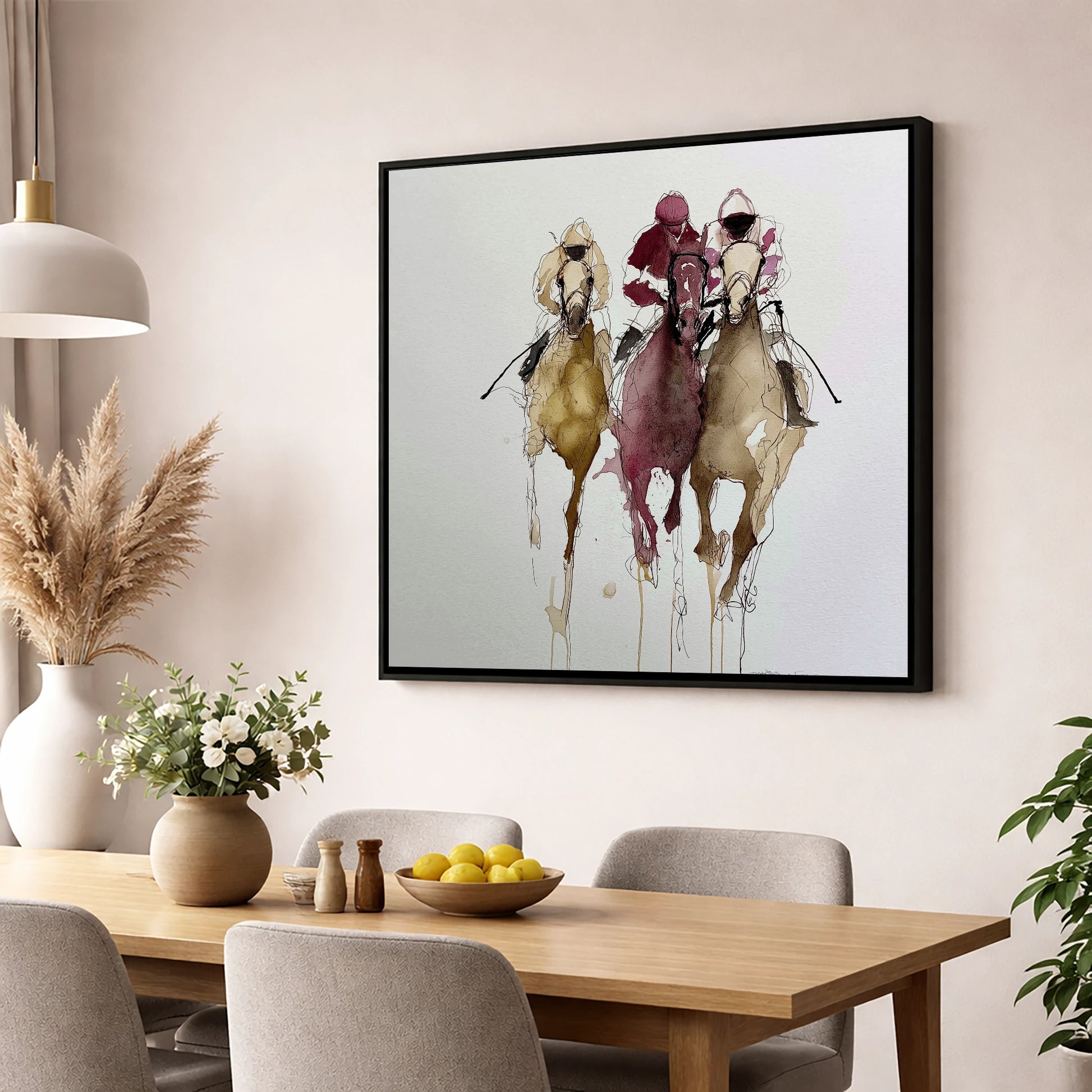 The Final Charge racing horse wall art displayed in a dining room