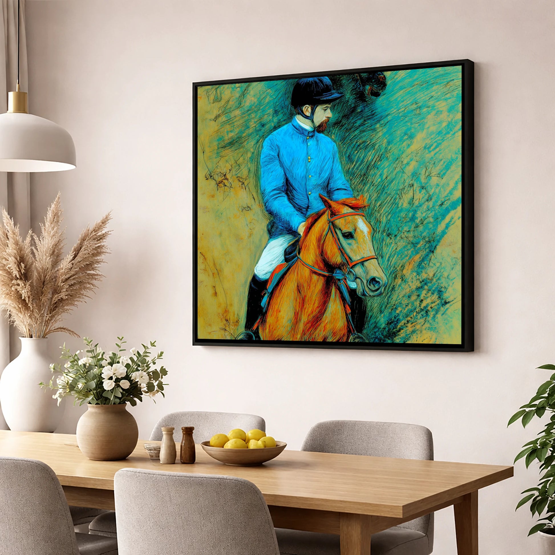 The Cerulean Jockey racing horse wall art displayed in a dining room