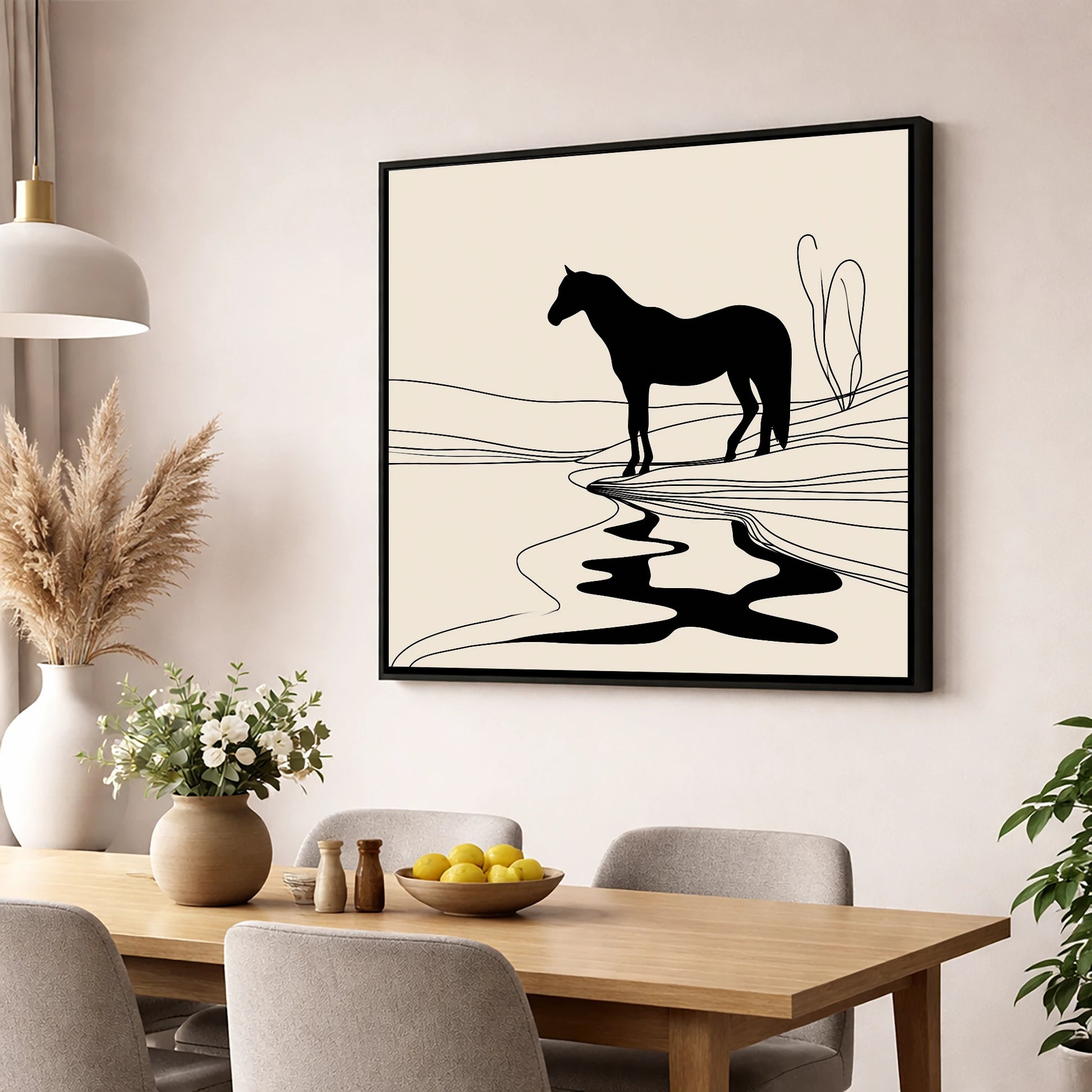 The Silent Oasis horse landscape wall art displayed in a dining room