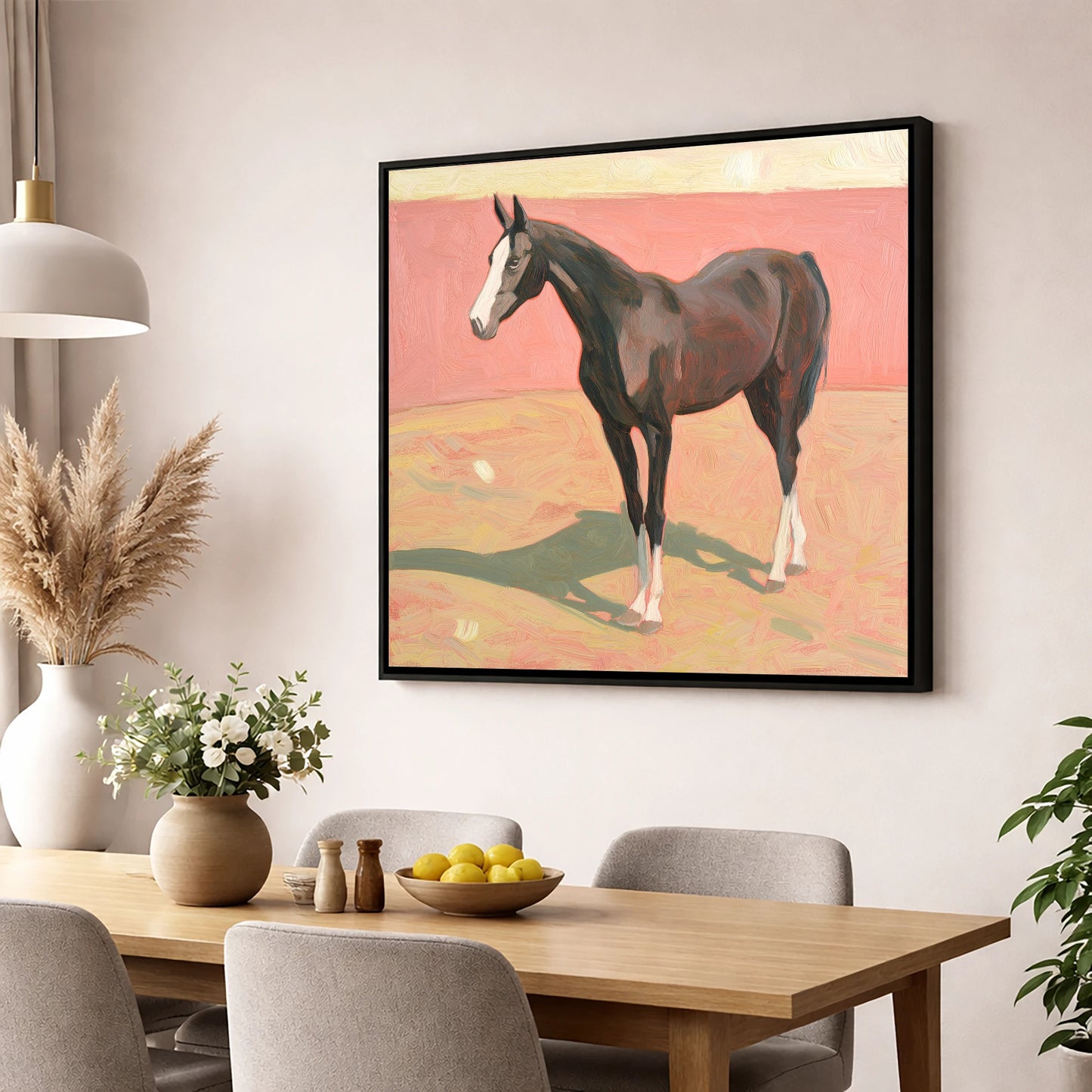 Quiet Grace in Pastel horse breed wall art displayed in a dining room