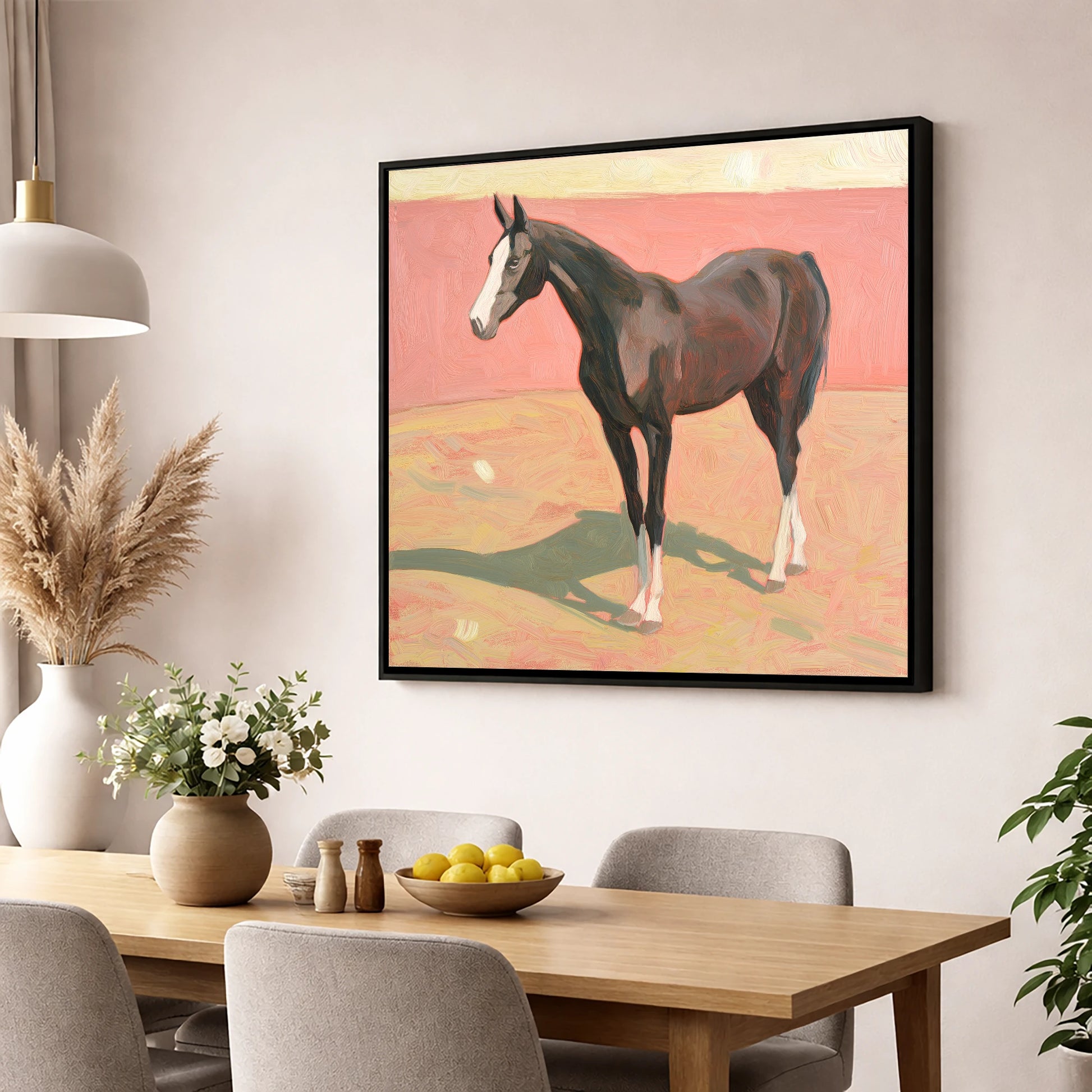Quiet Grace in Pastel horse breed wall art displayed in a dining room