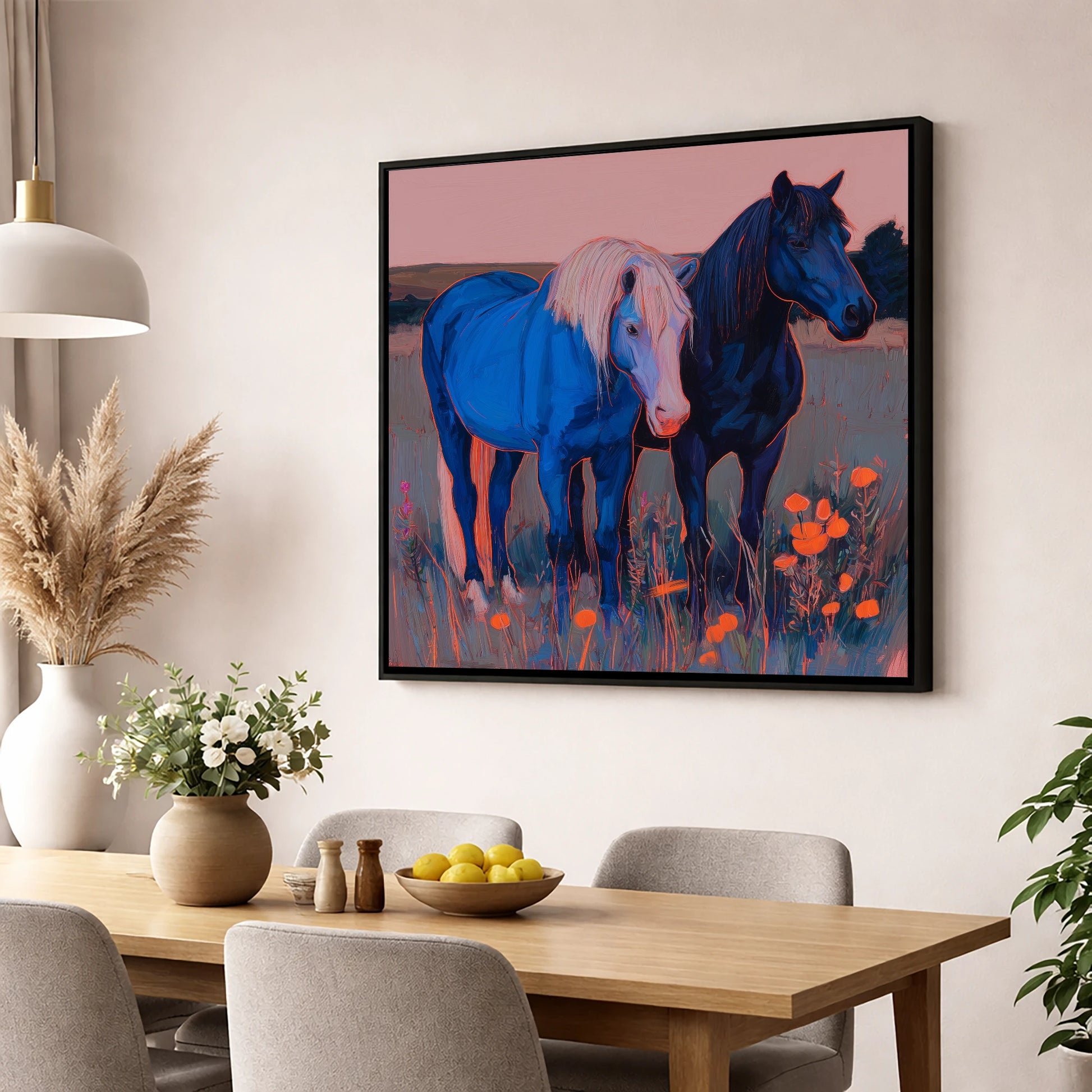 Cobalt Pastures horse landscape wall art displayed in a dining room