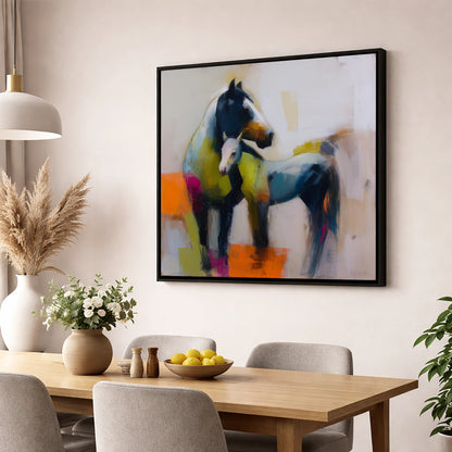 Vibrant Mare and Foal mare & foal wall art displayed in a dining room
