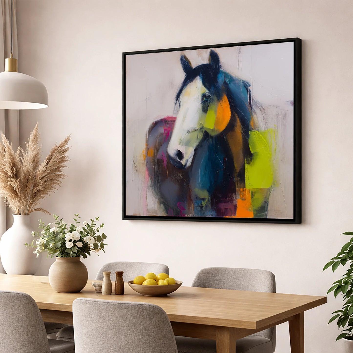 Vivid Equine Expression horse portrait wall art displayed in a dining room