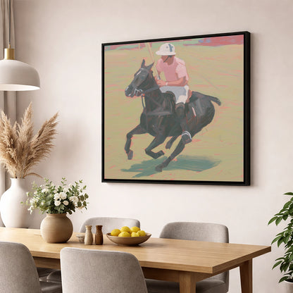 The Pink Chukka polo horse wall art displayed in a dining room