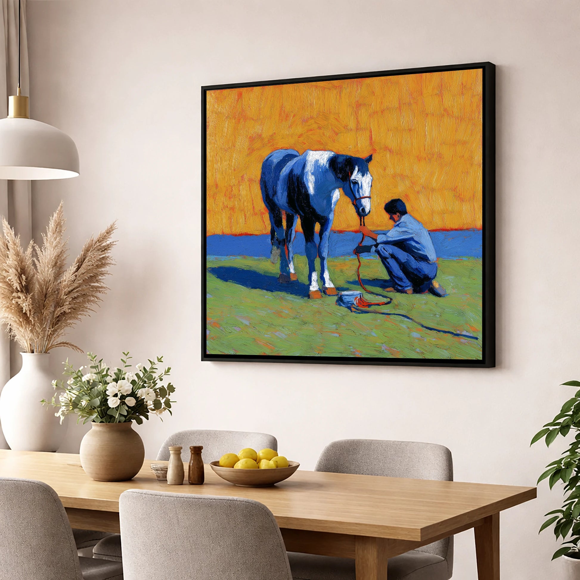 Sun-Drenched Connection horse & rider wall art displayed in a dining room