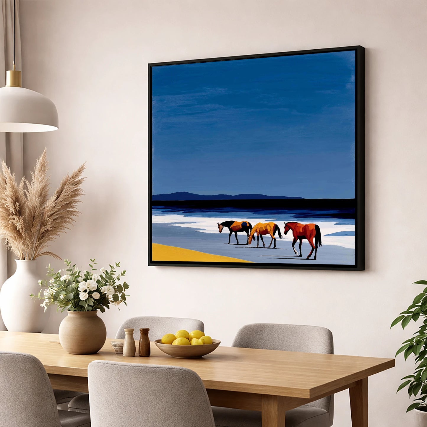 Azure Shoreline Trio horse landscape wall art displayed in a dining room