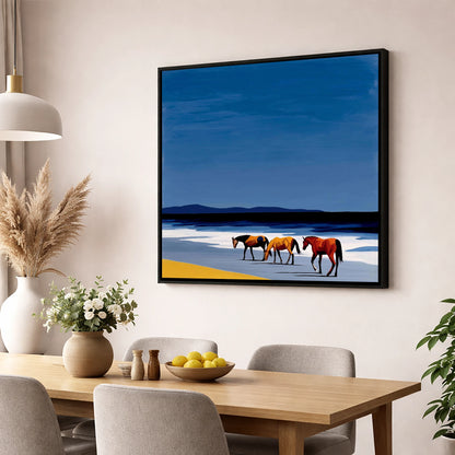 Azure Shoreline Trio horse landscape wall art displayed in a dining room