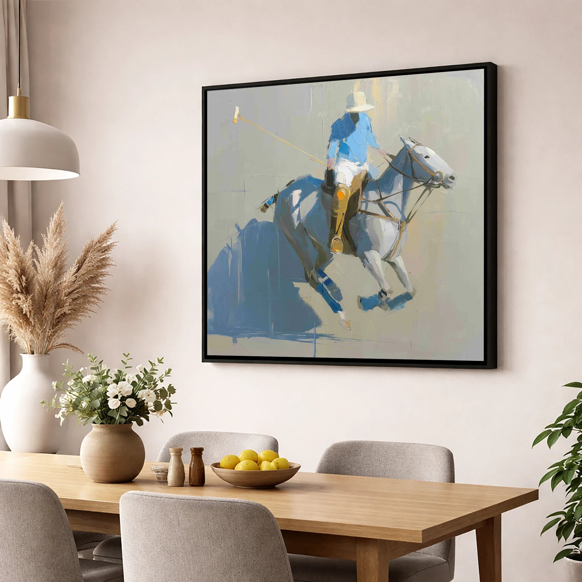 Slate Blue Chukka polo horse wall art displayed in a dining room