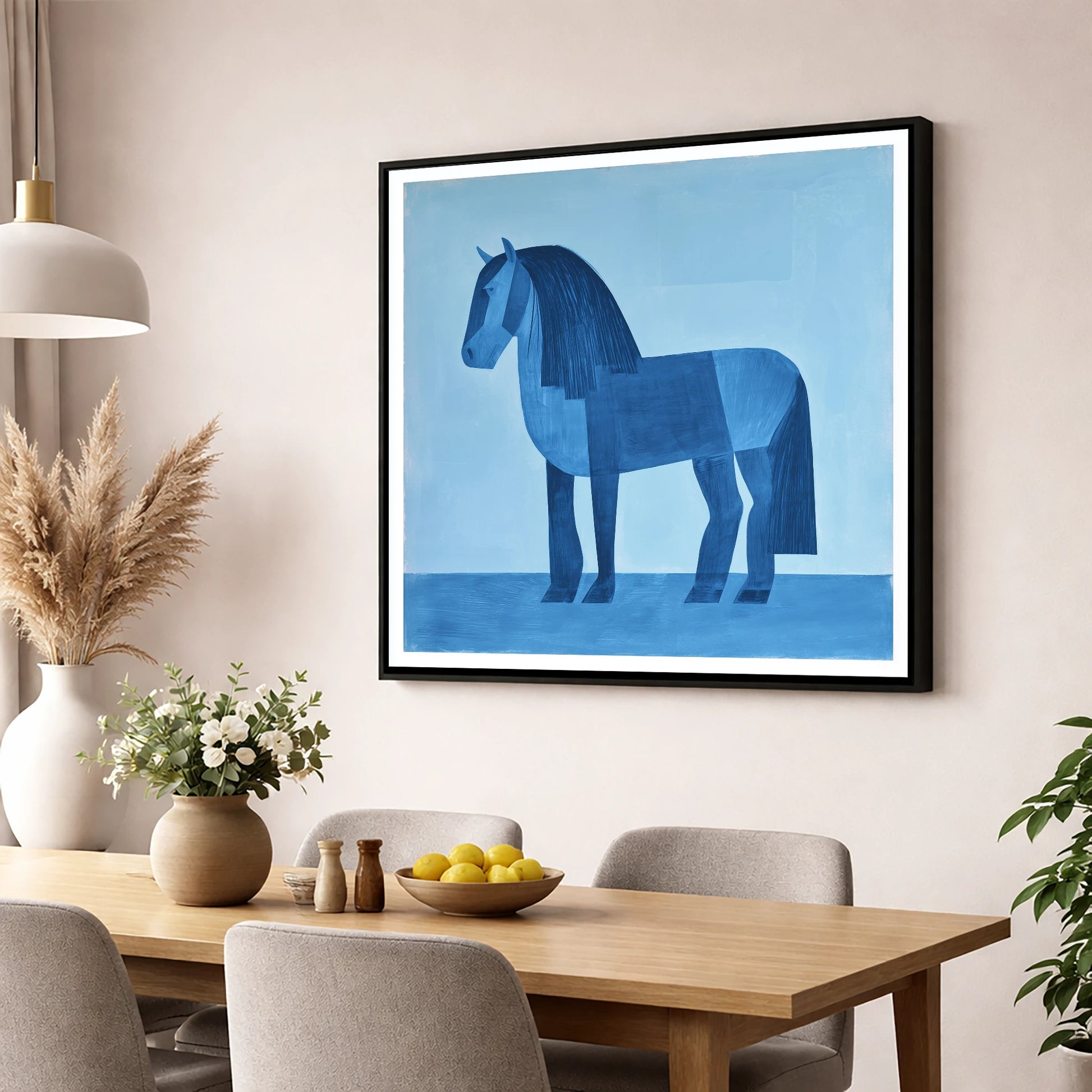 Geometric Blue Heavy Horse horse breed wall art displayed in a dining room