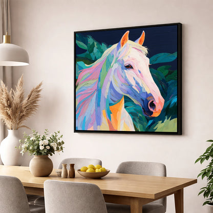 Prismatic Equine Spirit horse breed wall art displayed in a dining room