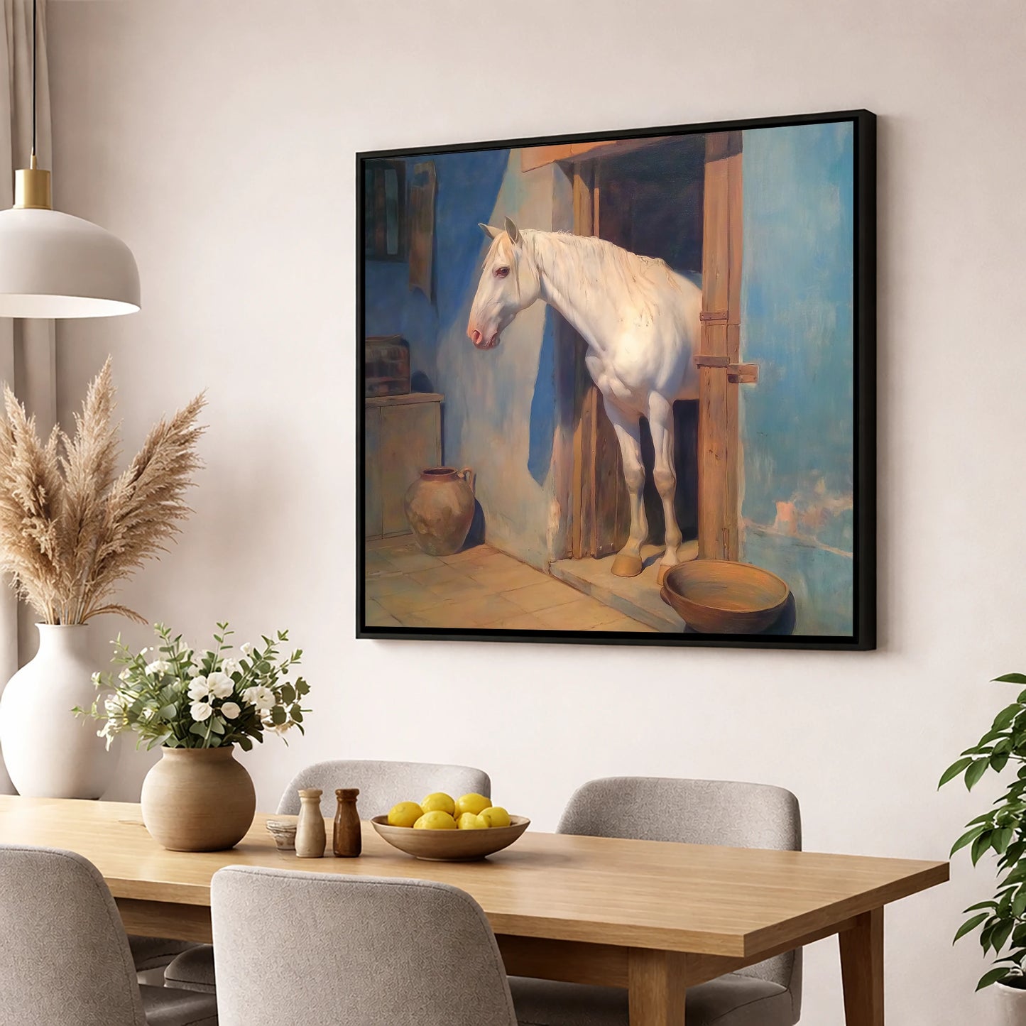 The Blue Stable Door horse stable wall art displayed in a dining room