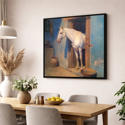 The Blue Stable Door horse stable wall art displayed in a dining room