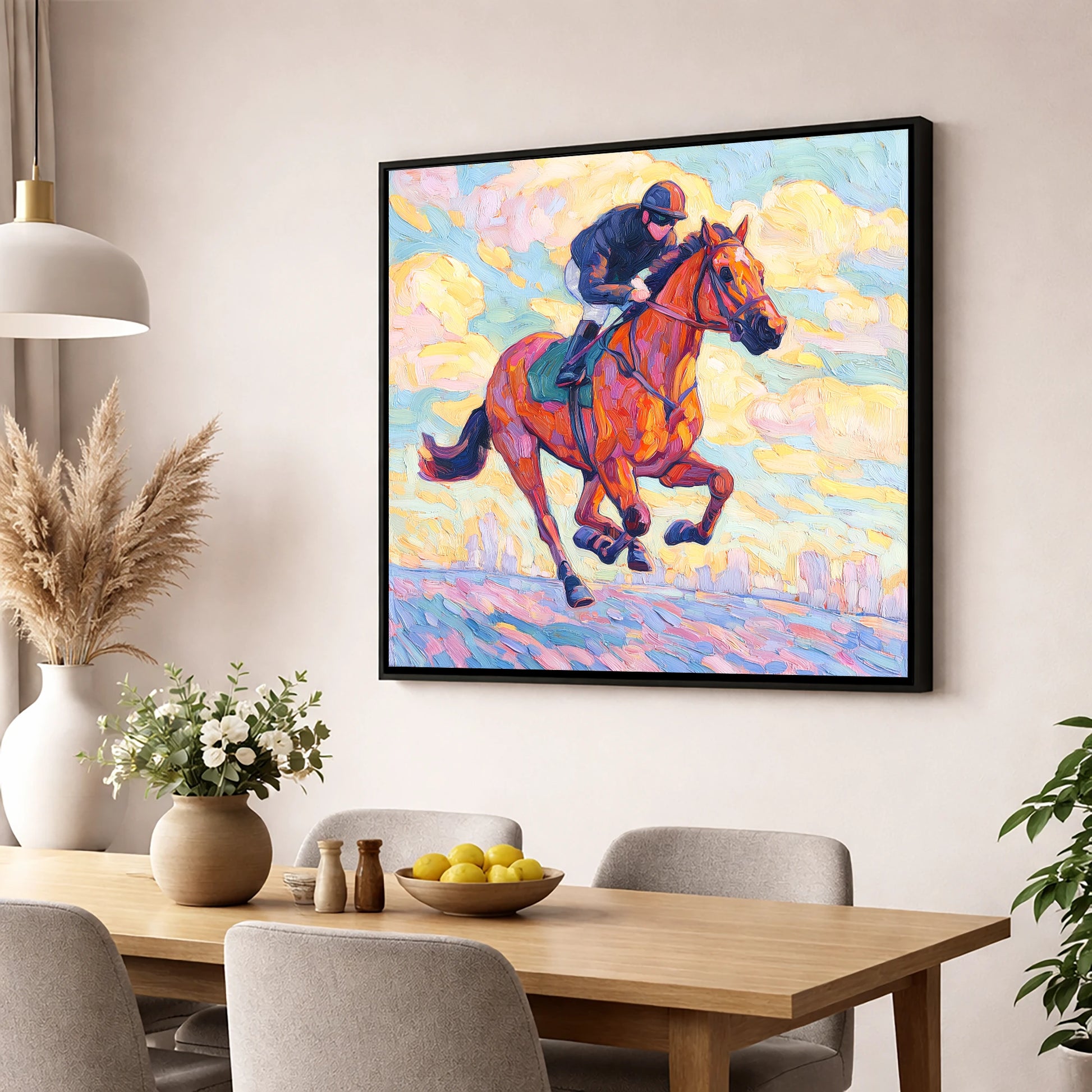 Technicolour Gallop racing horse wall art displayed in a dining room