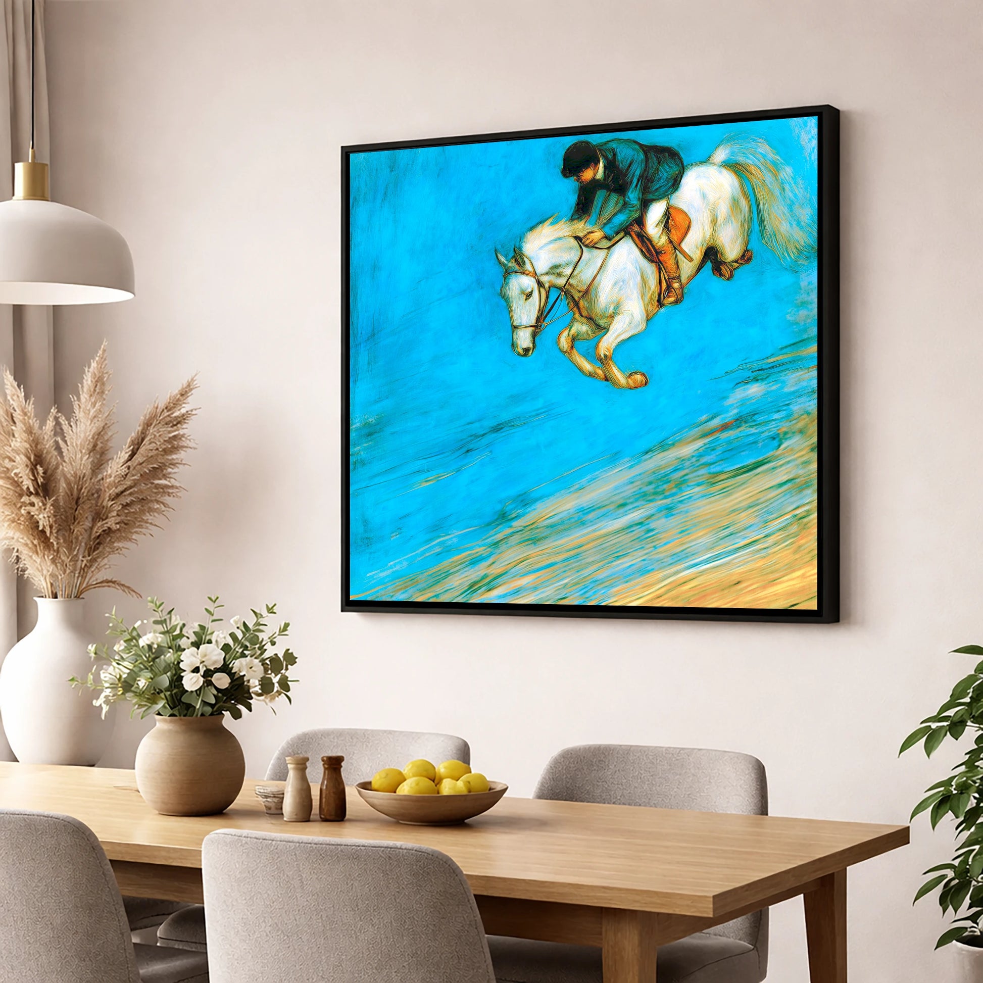 Cerulean Flight show jumping horse wall art displayed in a dining room