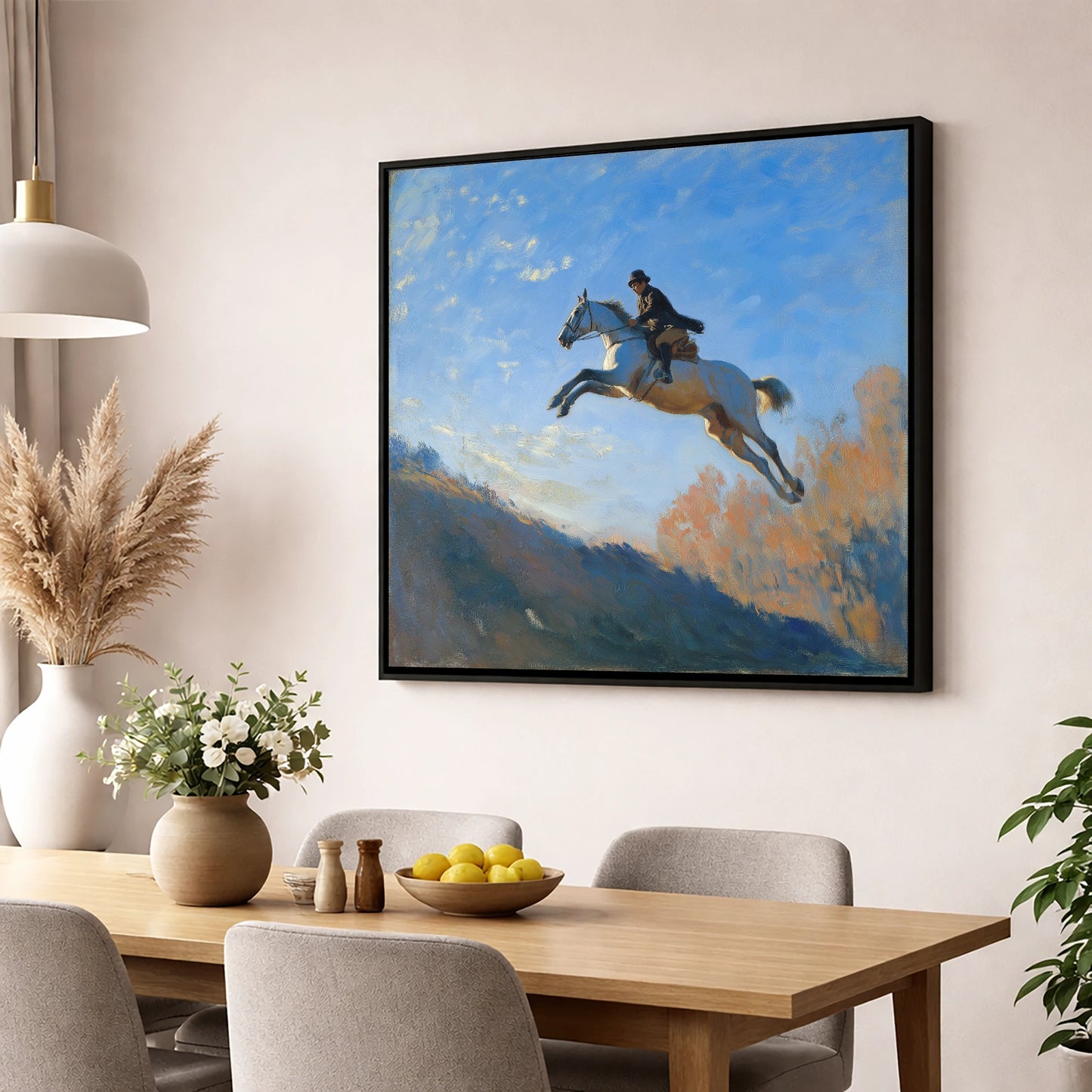 Flight Over The Ridge show jumping horse wall art displayed in a dining room