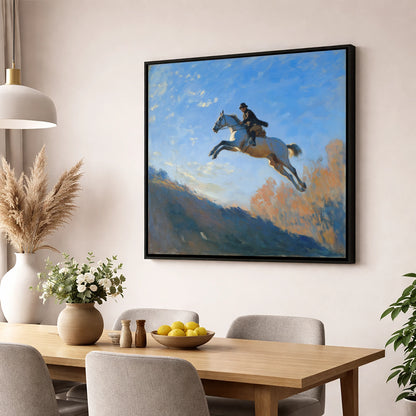 Flight Over The Ridge show jumping horse wall art displayed in a dining room