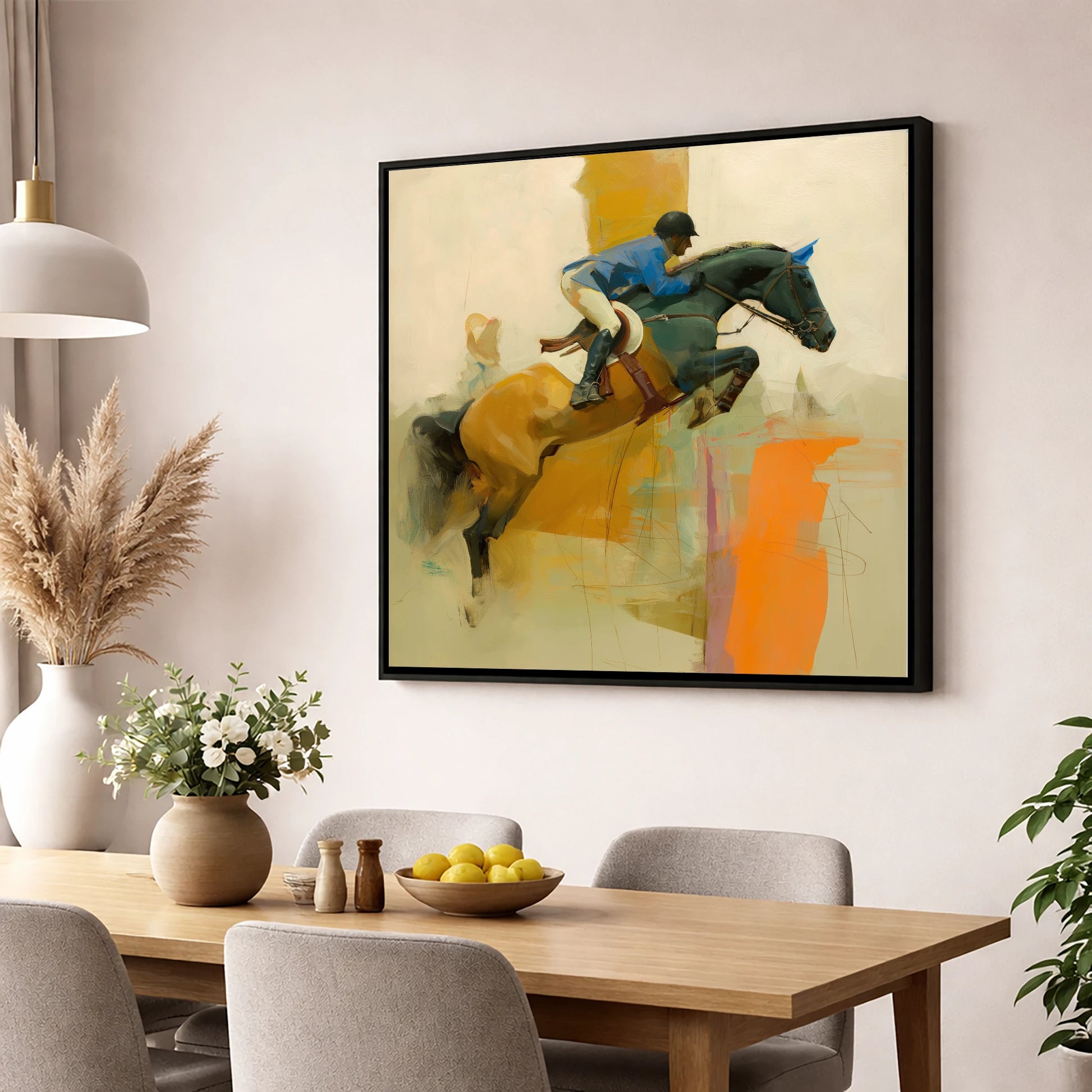 Abstract Showjumping Flight show jumping horse wall art displayed in a dining room