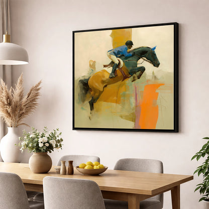Abstract Showjumping Flight show jumping horse wall art displayed in a dining room