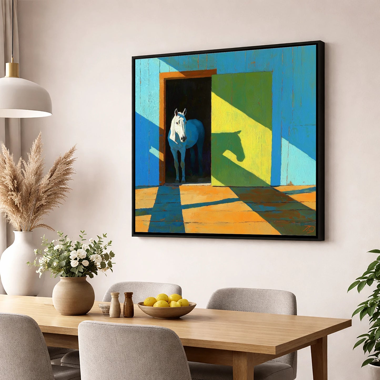 Sunlight and Silhouette horse stable wall art displayed in a dining room