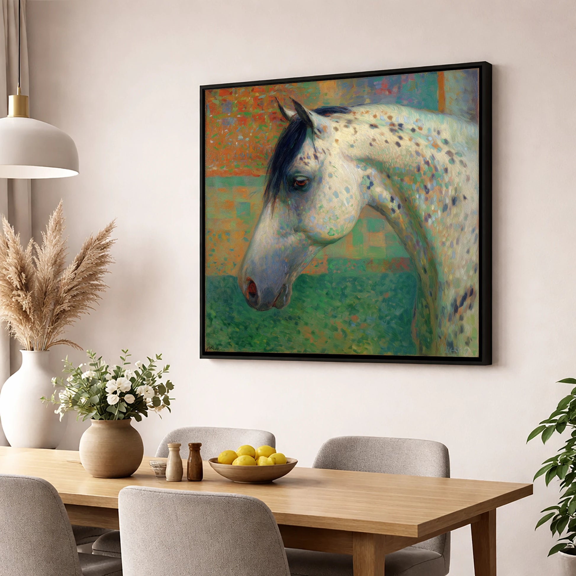 Vibrant Spotted Portrait horse breed wall art displayed in a dining room