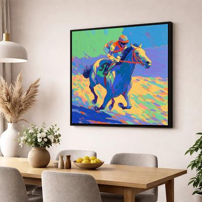 Technicolour Gallop racing horse wall art displayed in a dining room