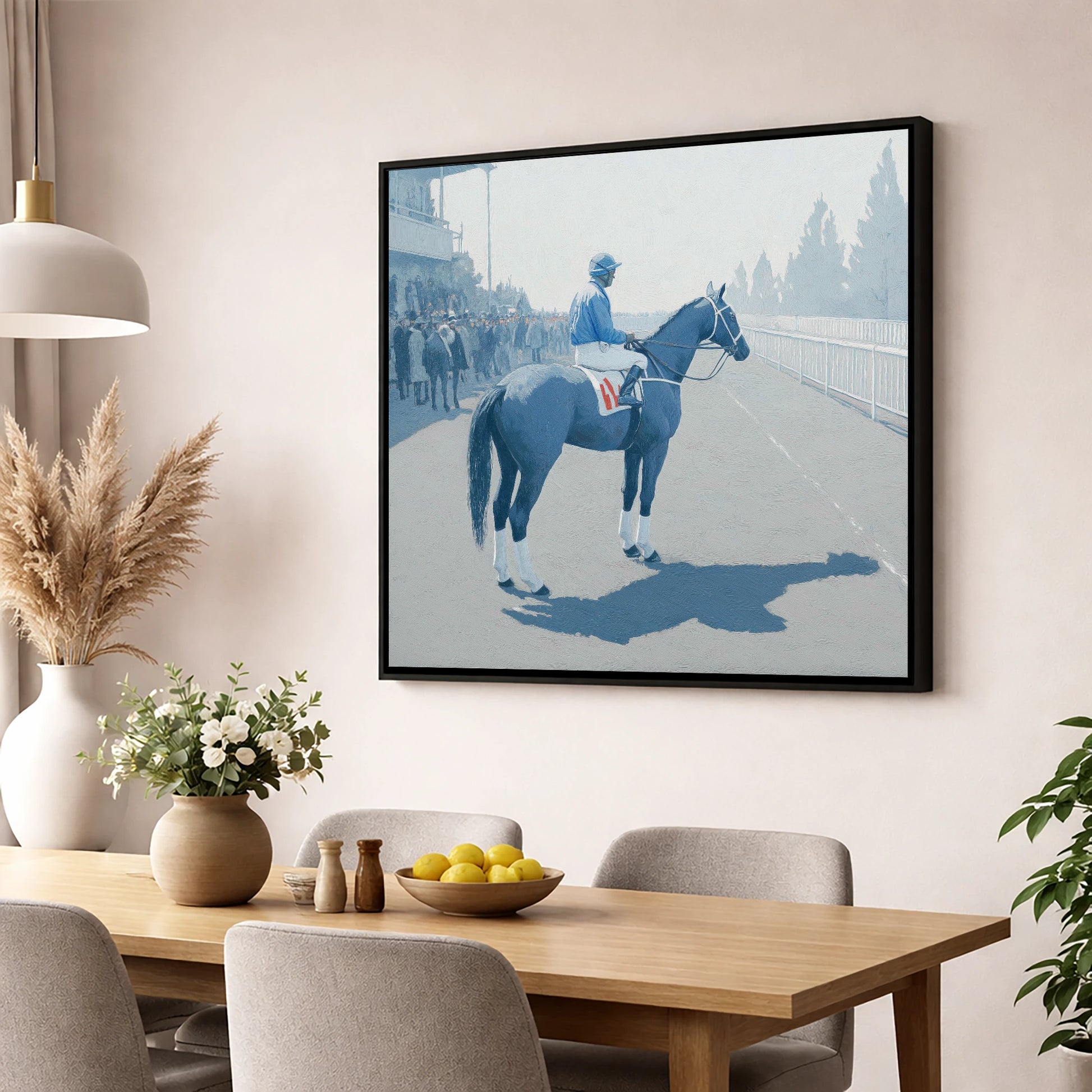 Waiting at the Rails racing horse wall art displayed in a dining room