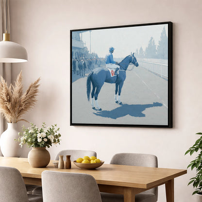 Waiting at the Rails racing horse wall art displayed in a dining room