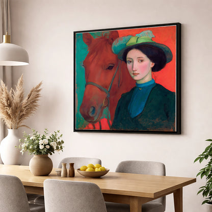 Crimson and Teal Bond horse & rider wall art displayed in a dining room