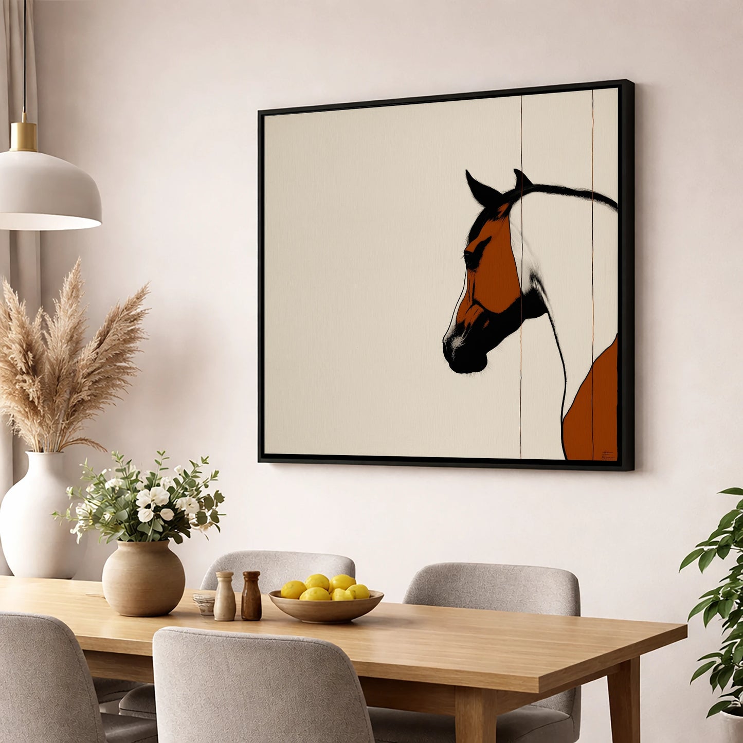 Minimalist Chestnut Silhouette horse portrait wall art displayed in a dining room