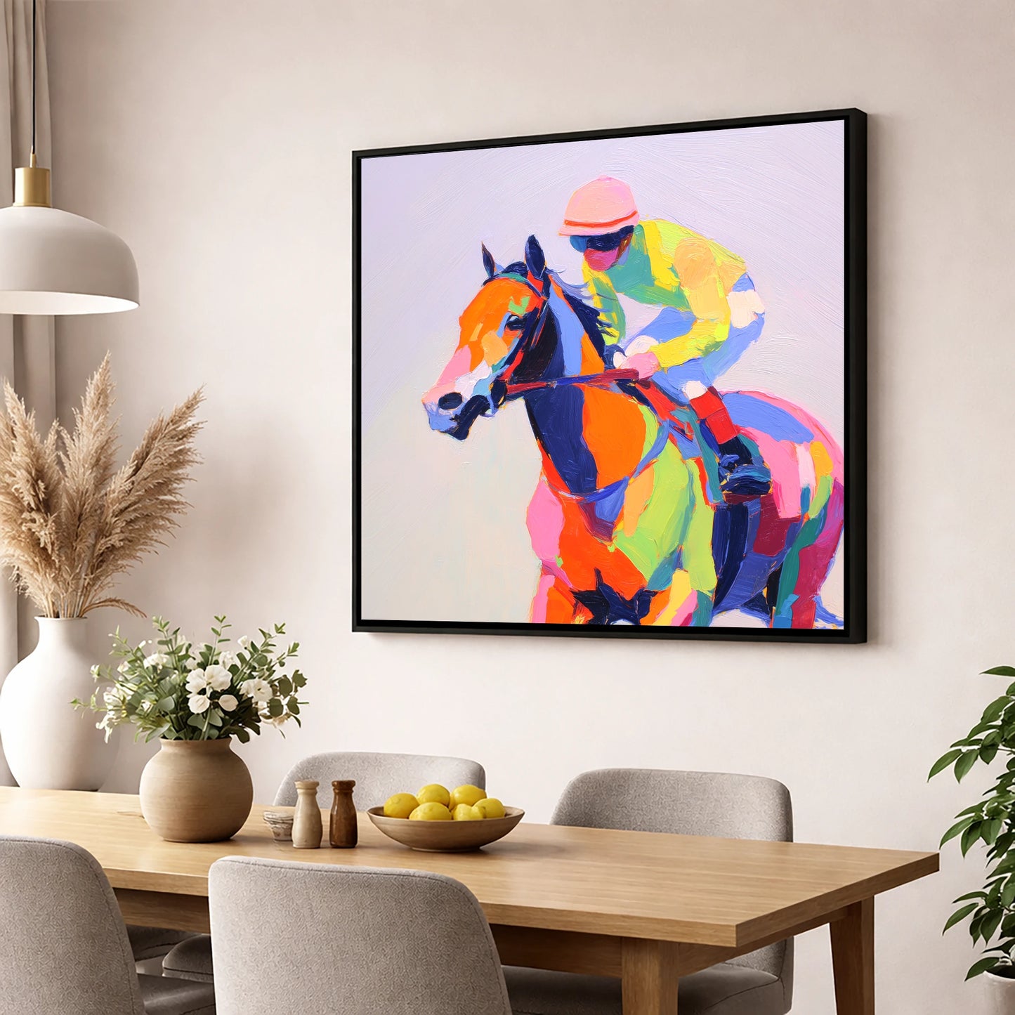 Technicolour Gallop racing horse wall art displayed in a dining room