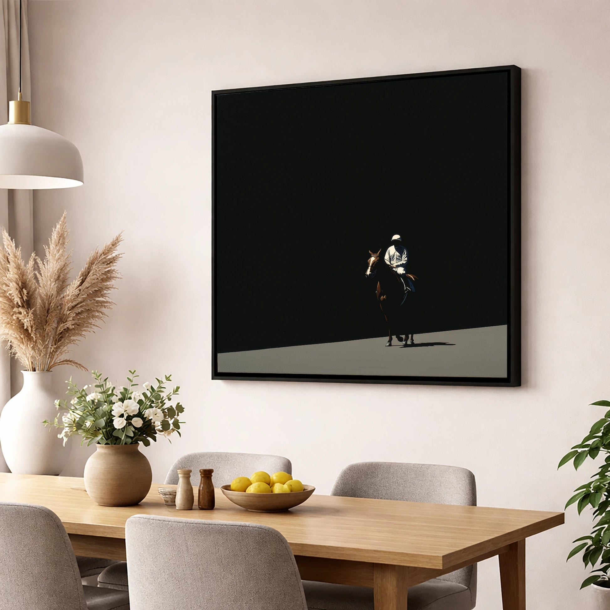 Into the Light racing horse wall art displayed in a dining room