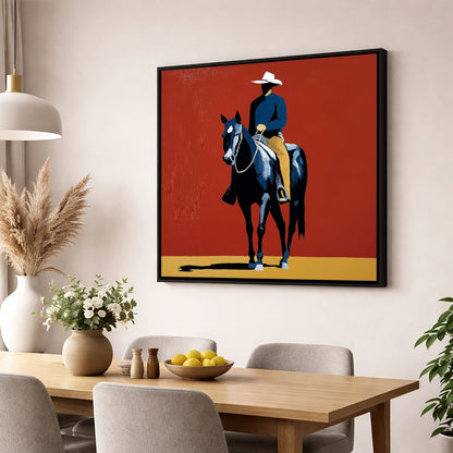 The Crimson Frontier Rider western horse wall art displayed in a dining room