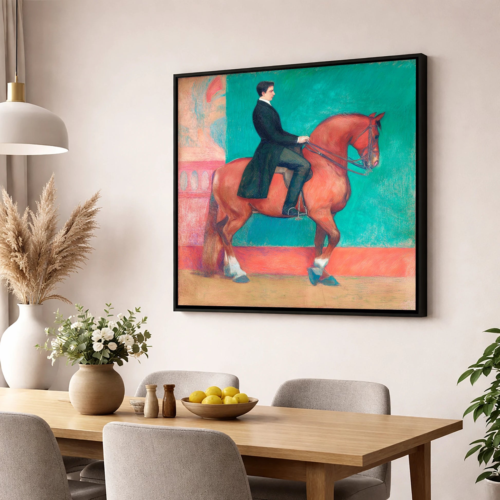 Collected Chestnut in Emerald dressage horse wall art displayed in a dining room