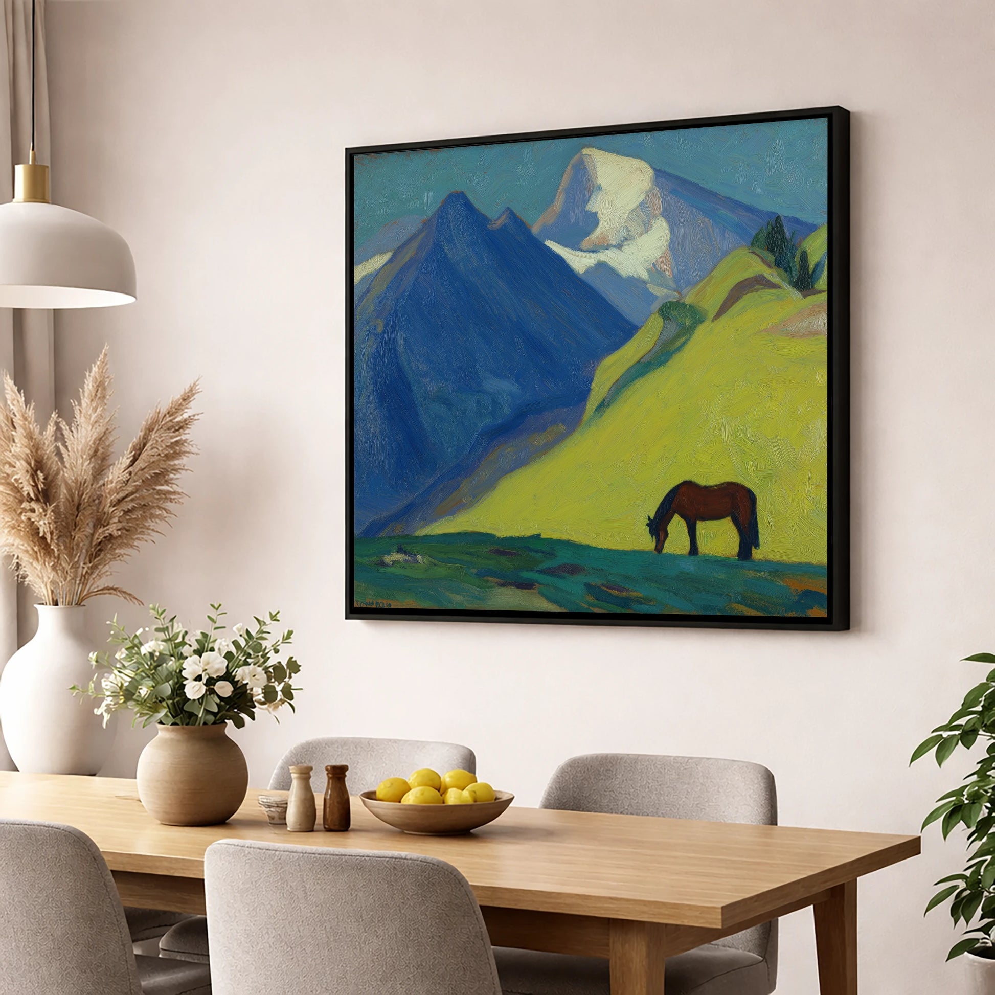 Blue Mountain Pasture horse landscape wall art displayed in a dining room