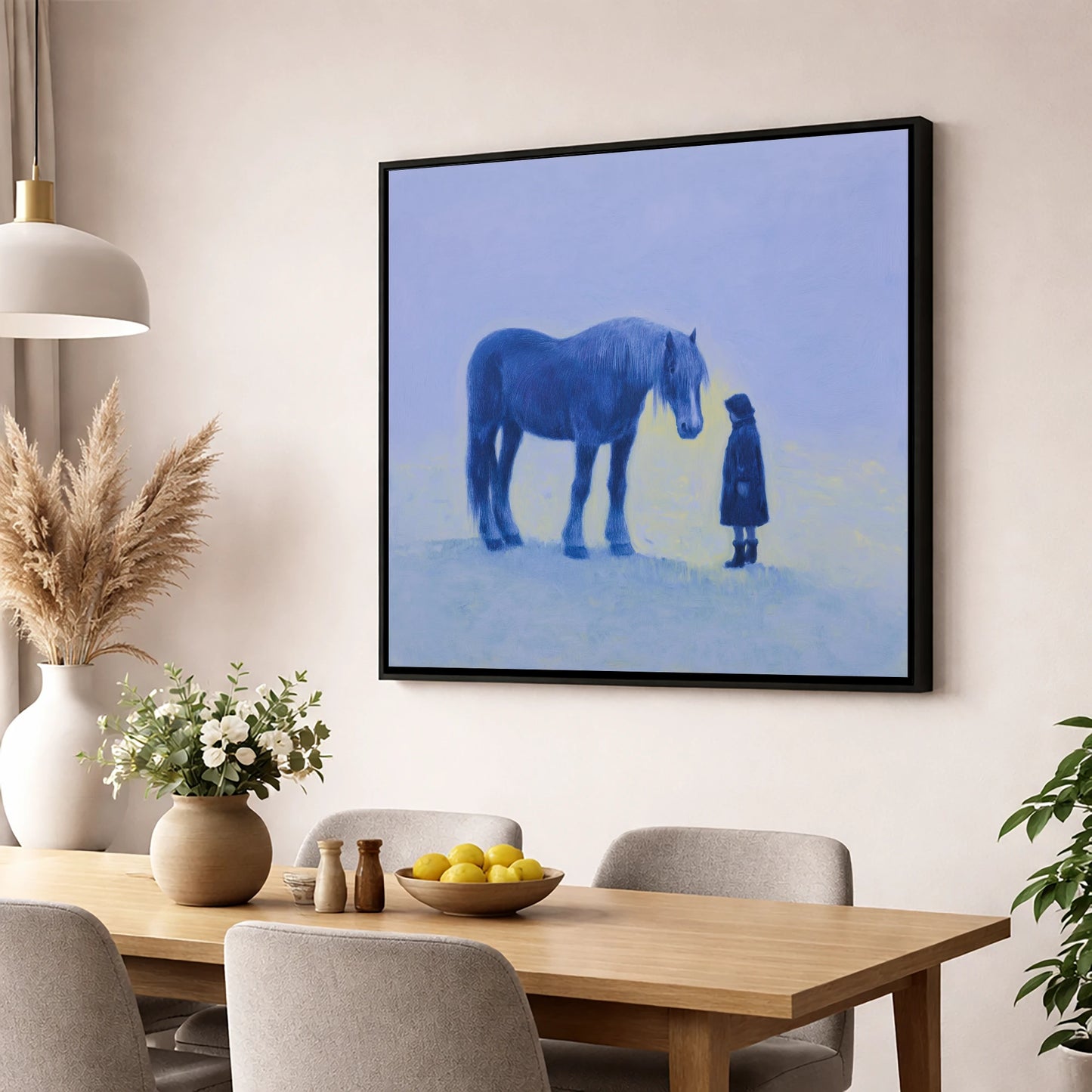 The Indigo Encounter horse & rider wall art displayed in a dining room