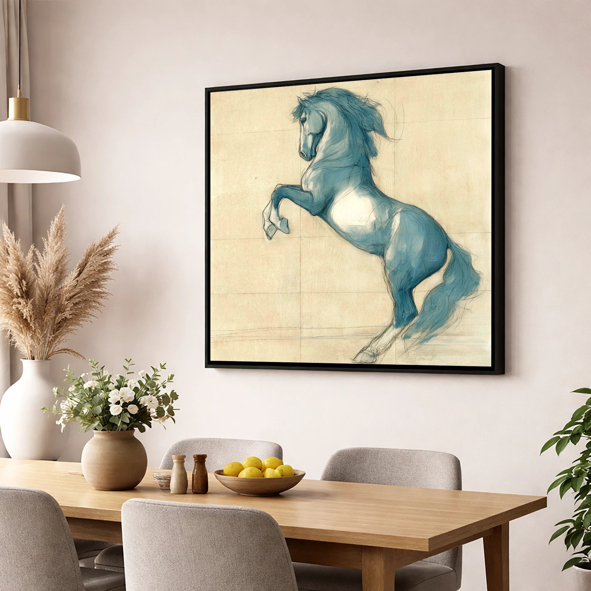 Azure Equine Study horse portrait wall art displayed in a dining room