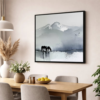 Mountain Mist Reflections horse landscape wall art displayed in a dining room