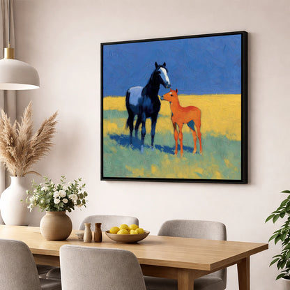 Azure Summer Bond mare & foal wall art displayed in a dining room