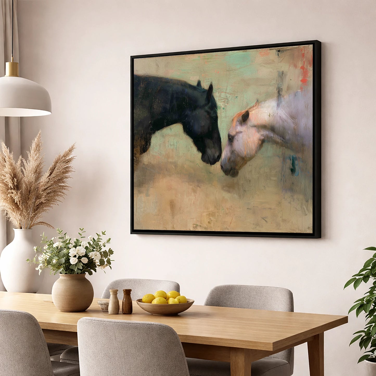 Silent Greeting horse portrait wall art displayed in a dining room