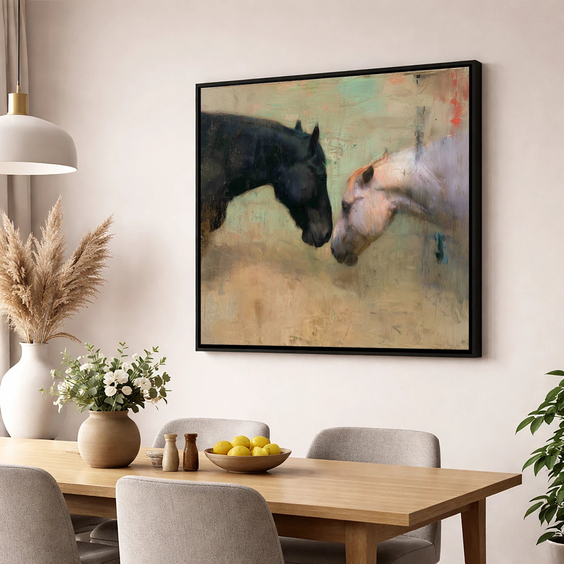 Silent Greeting horse portrait wall art displayed in a dining room