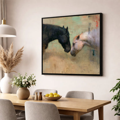 Silent Greeting horse portrait wall art displayed in a dining room