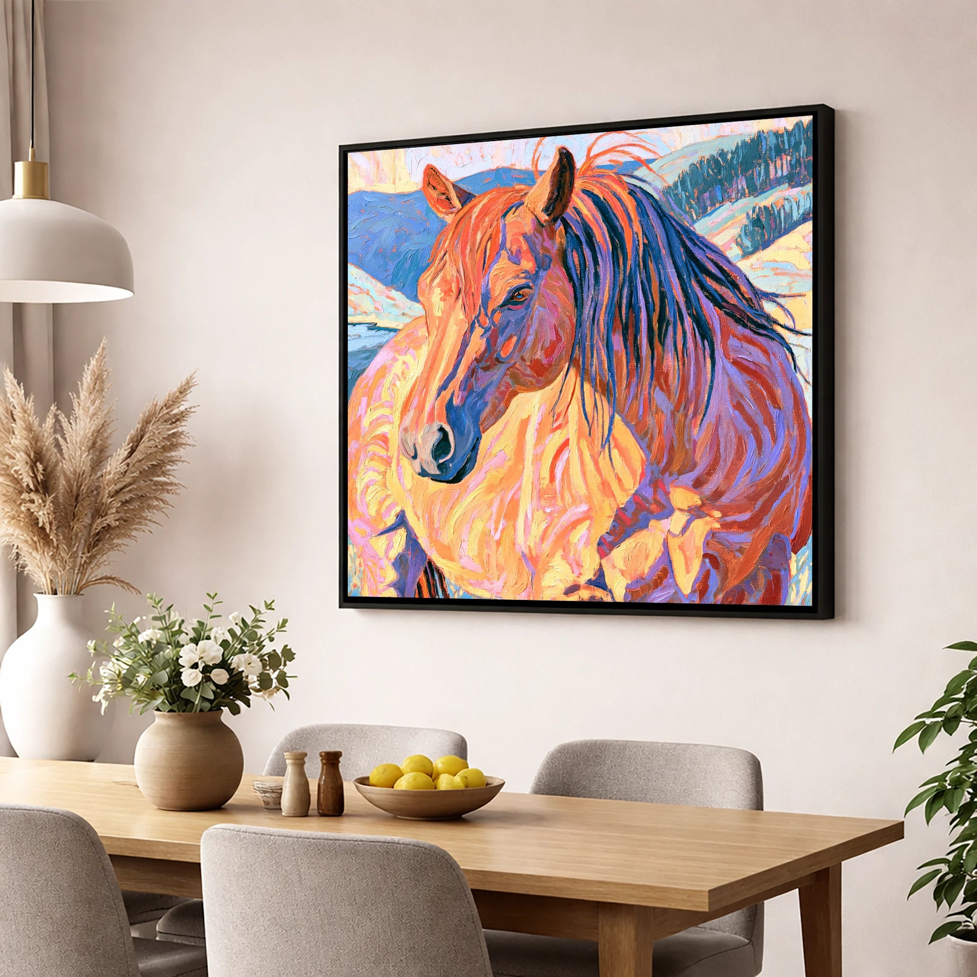 Horse in Vibrant Mountain Snow horse breed wall art displayed in a dining room
